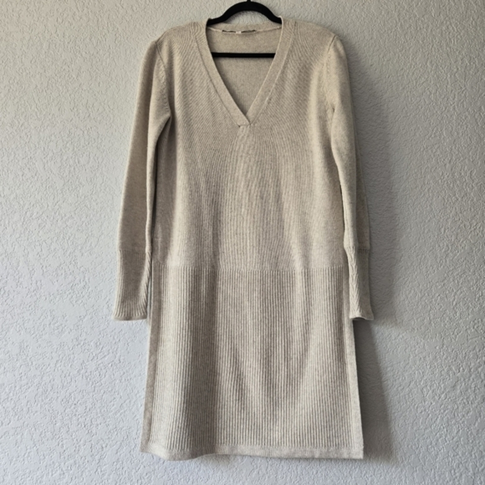 & Other Stories Womens Small Wool Blend V-Neck Ribbed Tunic Sweater Dress Beige